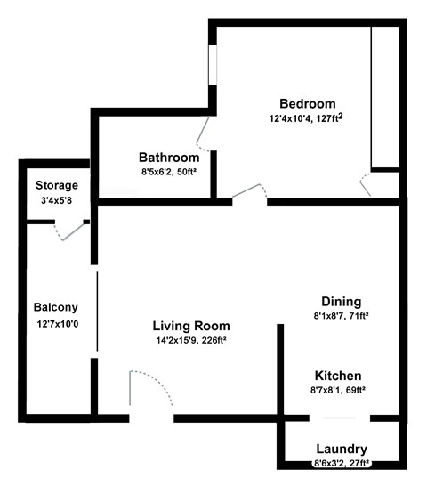 Floor plan for 1 bed, 1 bath, 615 sqft